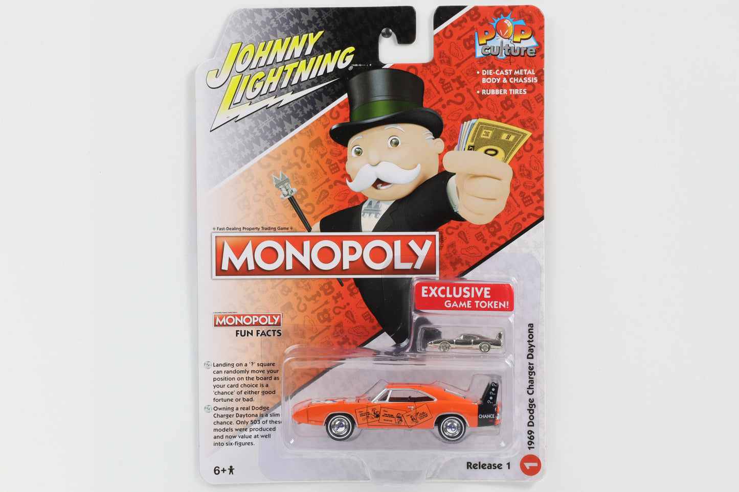 1:64 1969 Dodge Charger Daytona Johnny Lightning Monopoly Fun Facts Release 1 Nr. 1