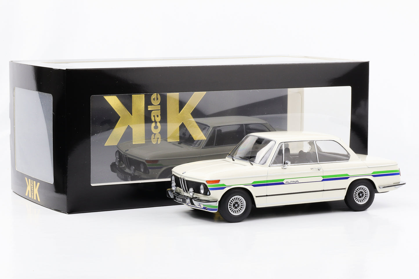 1:18 BMW Alpina 2002 1974 weiss mit Dekorstreifen KK-Scale diecast