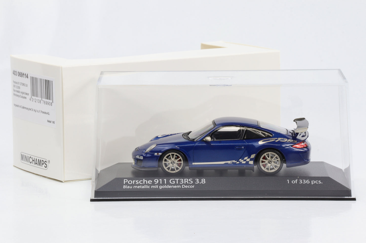 1:43 Porsche 911 997 II GT3 RS 3.8 2009 blaumetallic mit goldenem Decor Minichamps
