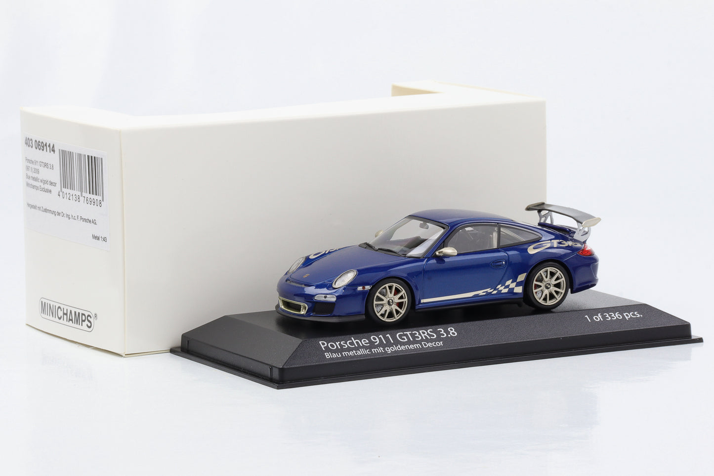 1:43 Porsche 911 997 II GT3 RS 3.8 2009 blaumetallic mit goldenem Decor Minichamps