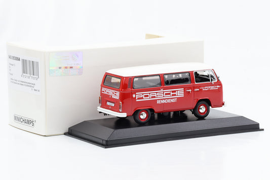 1:43 Vokswagen T2 Bus Porsche 1972 Renndienst rot Minichamps
