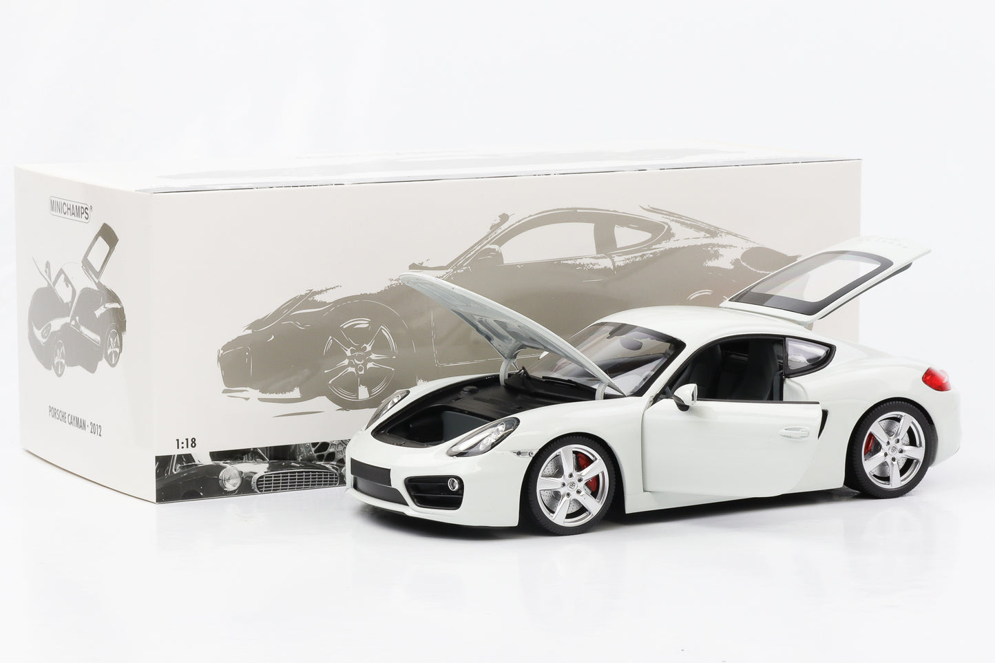 Apertura pressofusa della Porsche Cayman S 2012 Minichamps bianca in scala 1:18