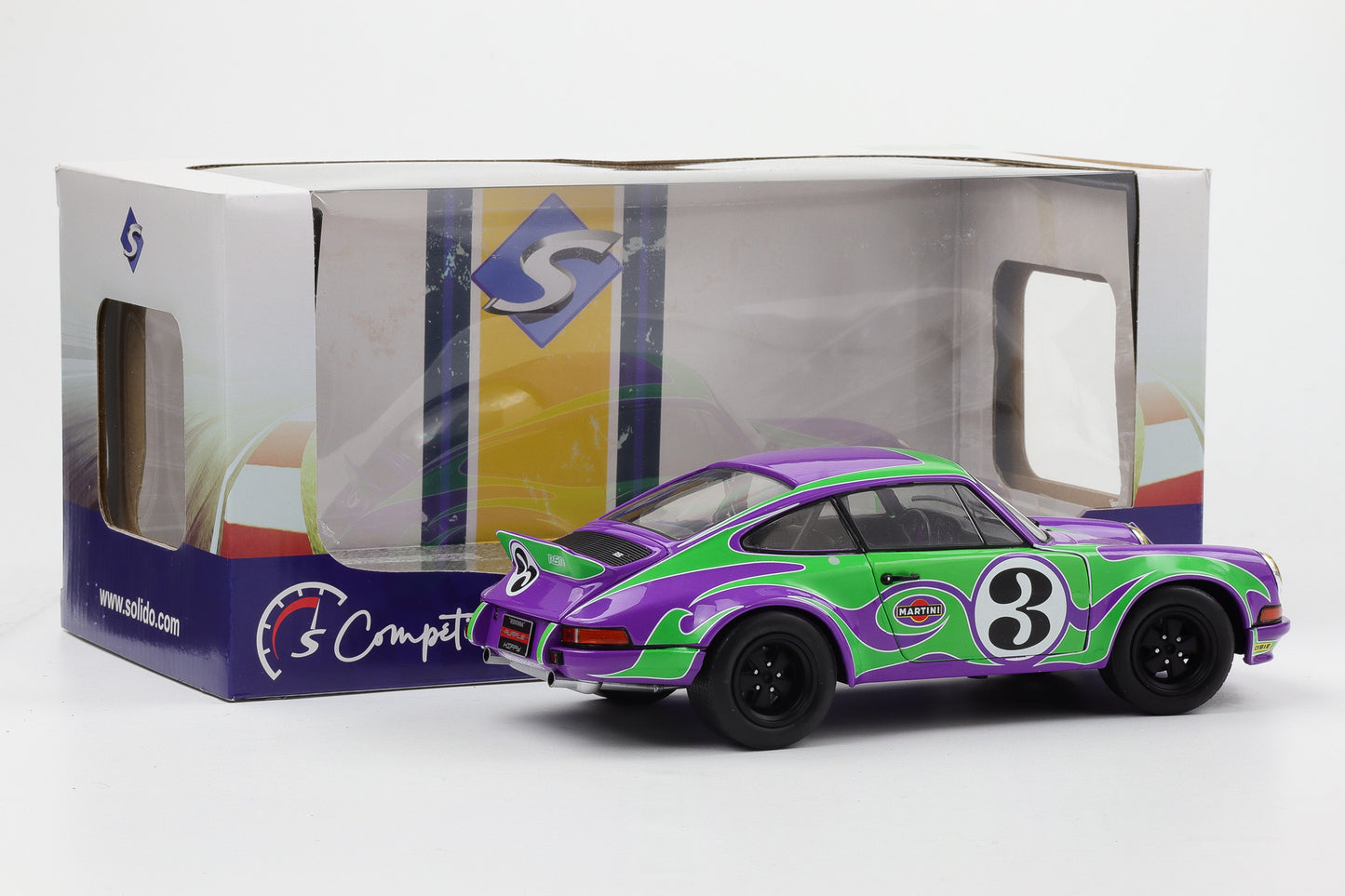 1:18 Solido Porsche 911 RSR #3 Martini Racing 1973 Hippie Tribute lila grün diecast