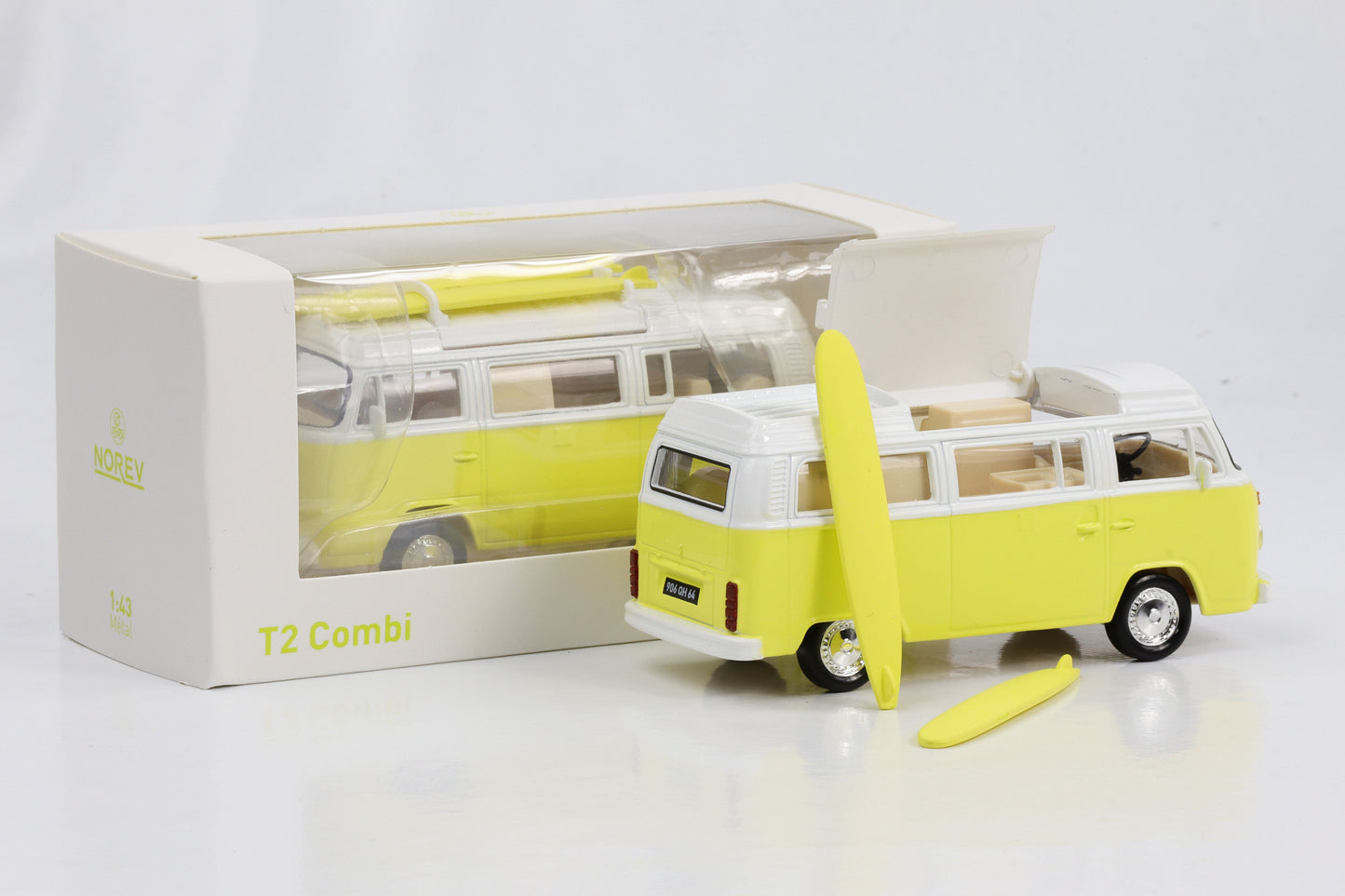 1:43 VW T2 Bus Camper Van mit Surfbretter hellgelb 1973 Norev Jet Car diecast