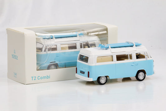1:43 VW T2 Camper Bus mit Surfbretter hellblau 1973 Norev Jet Car diecast