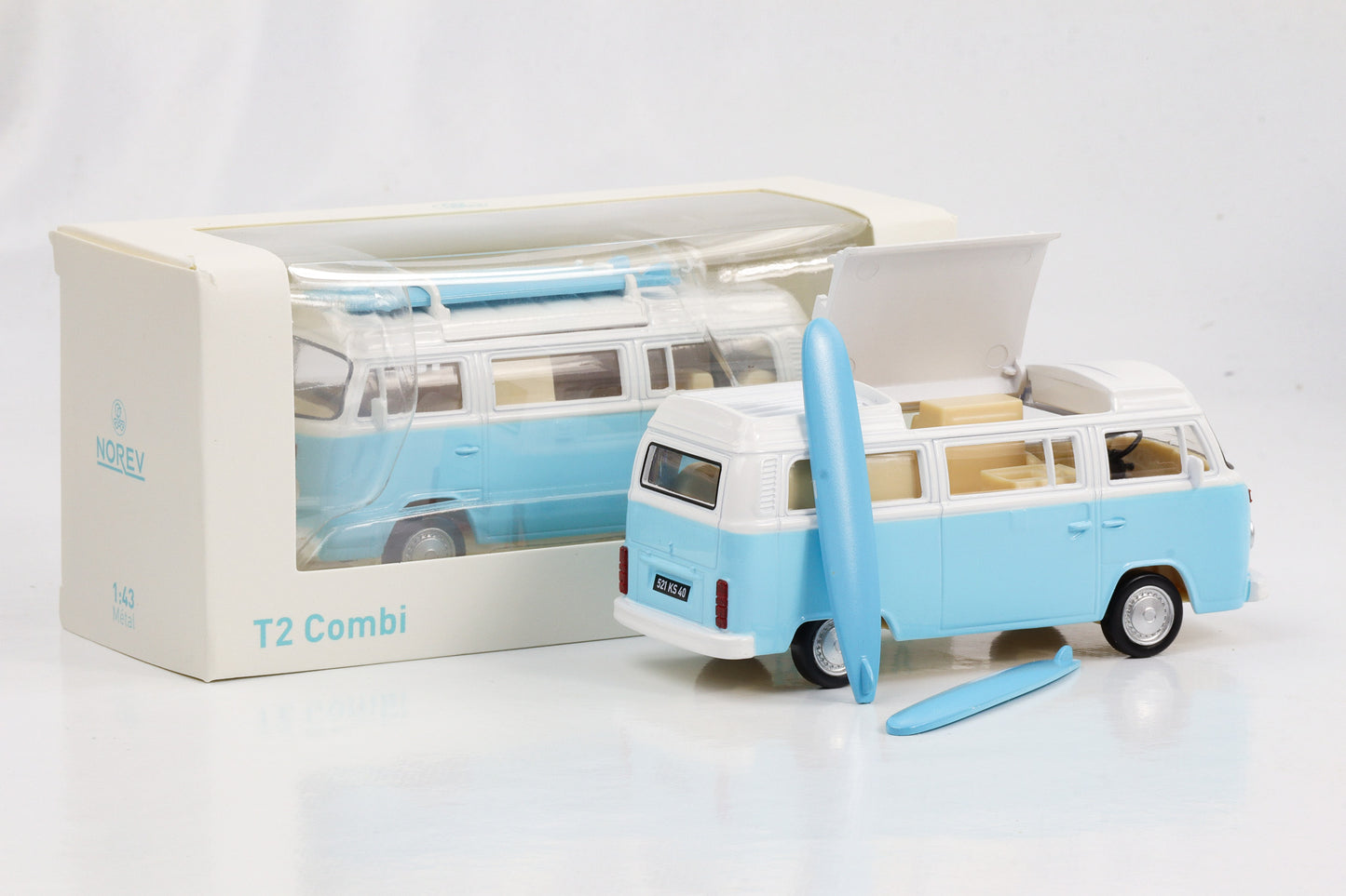 1:43 VW T2 Camper Bus mit Surfbretter hellblau 1973 Norev Jet Car diecast