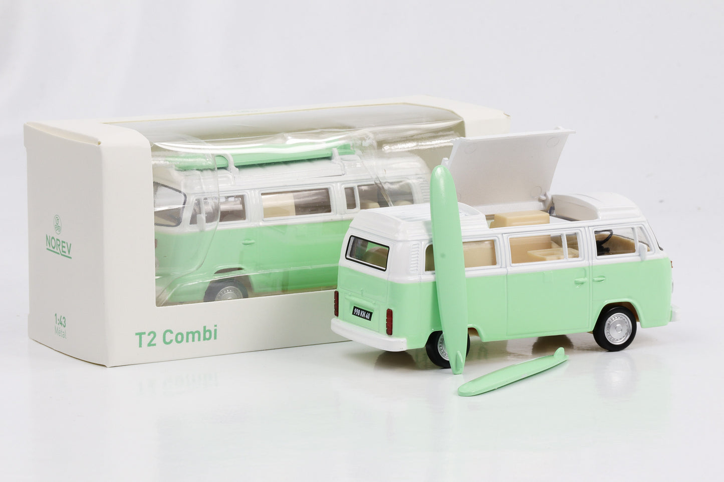 1:43 VW T2 Camper Bus mit Surfbretter mintgrün 1973 Norev Jet Car diecast