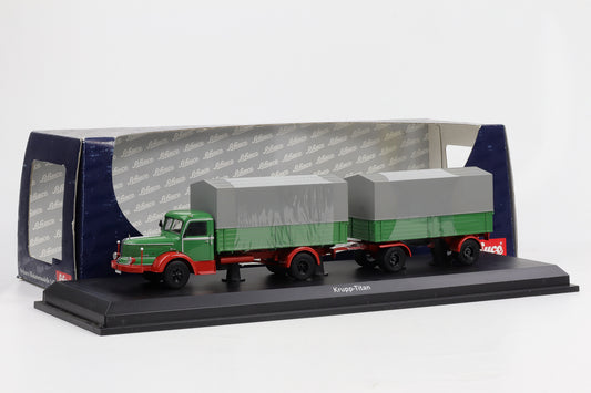 1:43 Schuco Krupp Titan Planen LKW mit Anhänger grün OVP