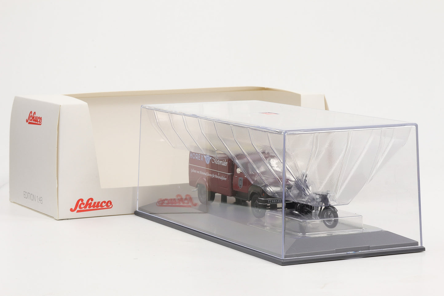 1:43 Schuco Hanomag L28 Kasten "Horex" mit Motorrad Horex und Fahrerfigur