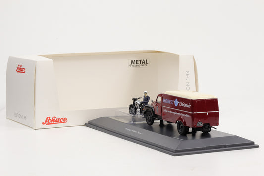 1:43 Schuco Hanomag L28 Kasten "Horex" mit Motorrad Horex und Fahrerfigur