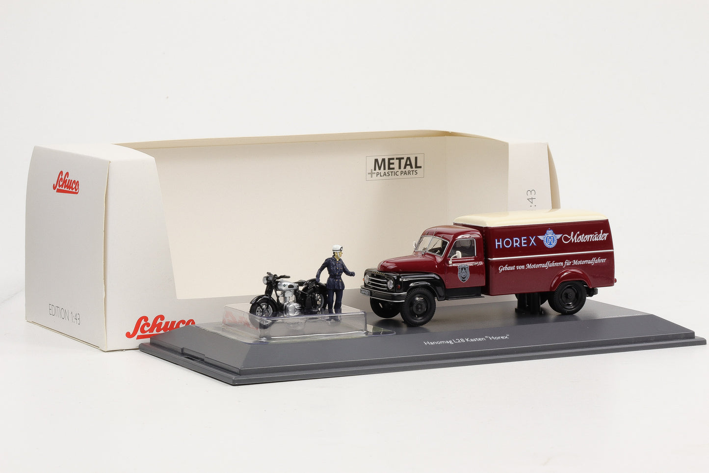 1:43 Schuco Hanomag L28 Kasten "Horex" mit Motorrad Horex und Fahrerfigur