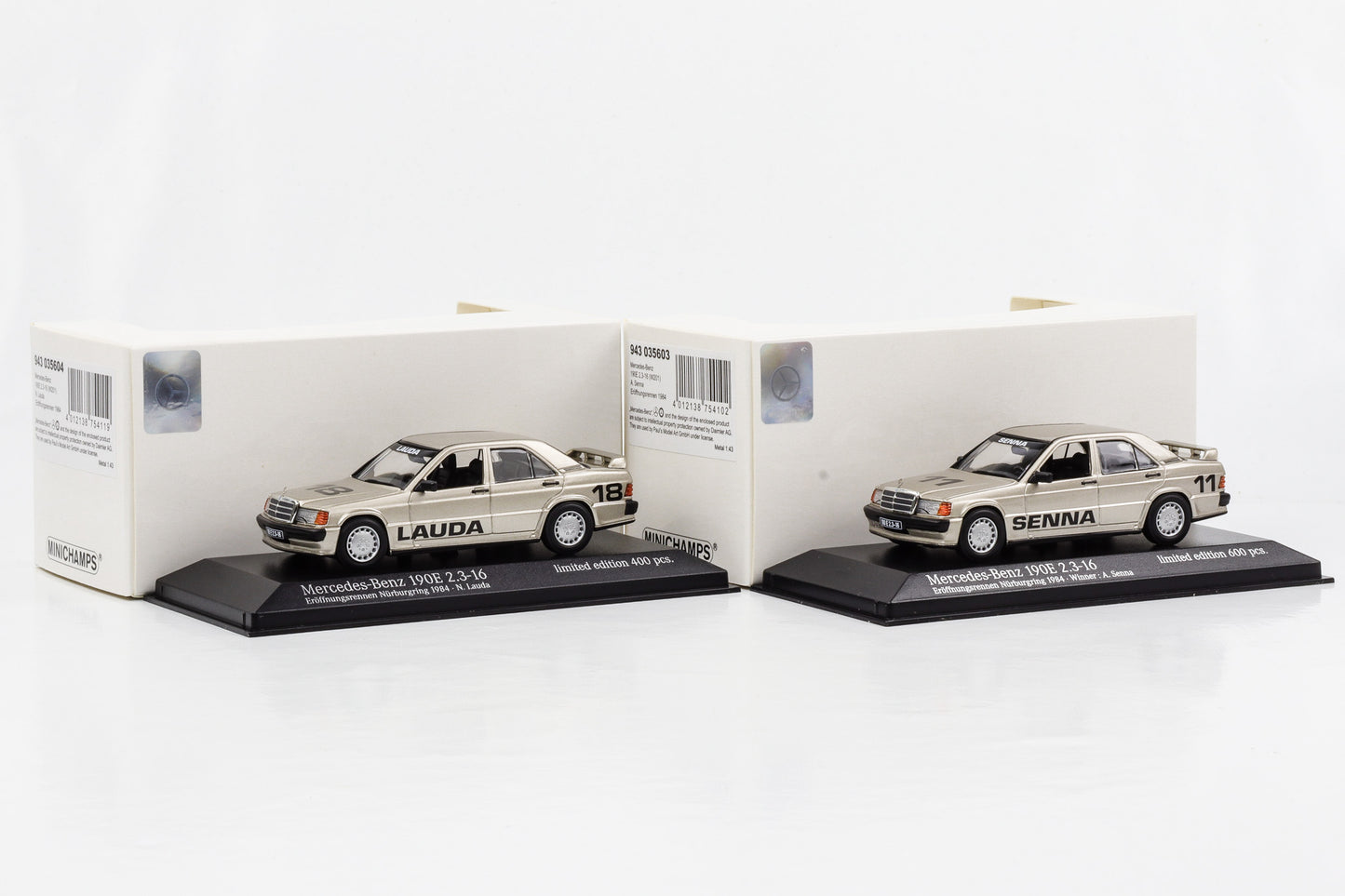 1:43 Mercedes-Benz 190E 2.3-16V Set Senna #11 Lauda #18 Nürburgring 84 Minichamps