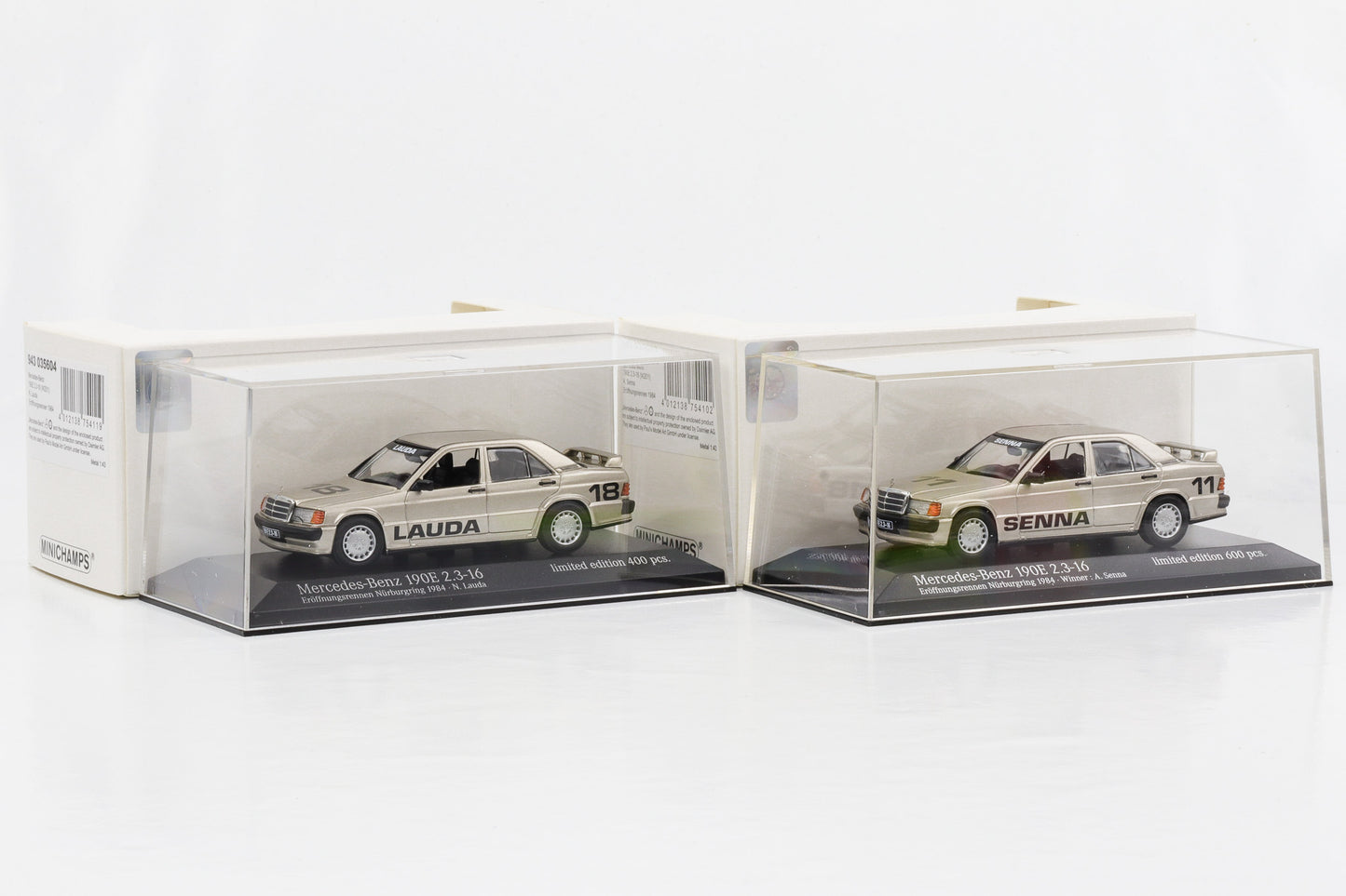 1:43 Mercedes-Benz 190E 2.3-16V Set Senna #11 Lauda #18 Nürburgring 84 Minichamps