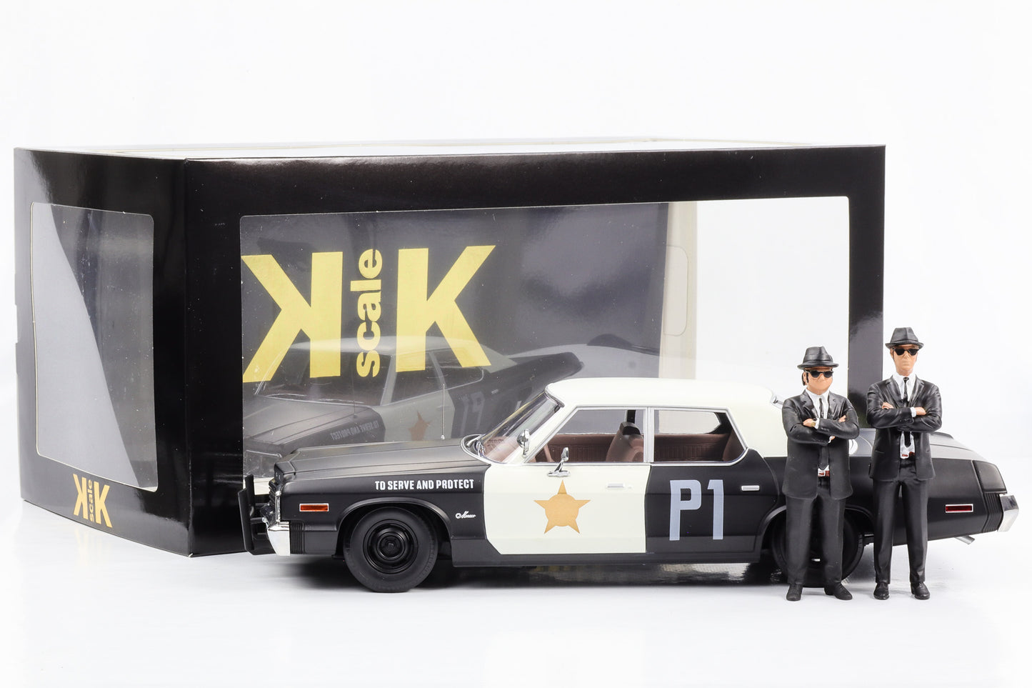 1:18 Dodge Monaco 1974 Bluesmobile mit 2 Figuren Blues Brothers KK-Scale