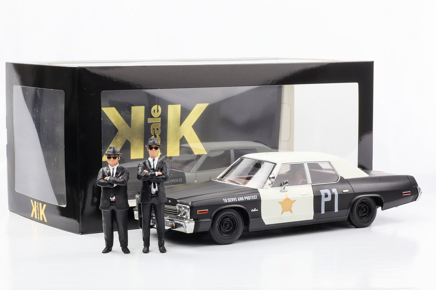 1:18 Dodge Monaco 1974 Bluesmobile mit 2 Figuren Blues Brothers KK-Scale