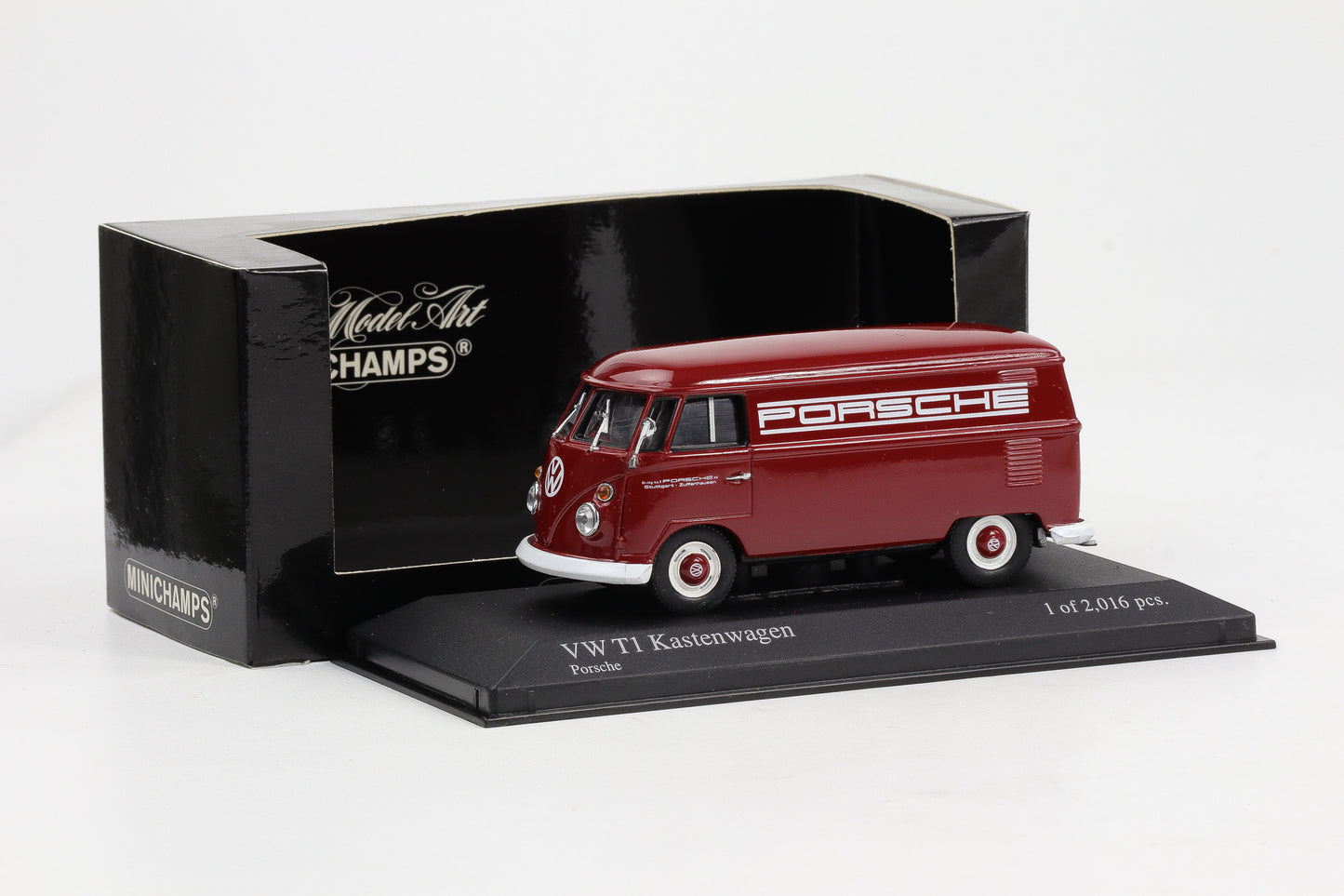 1:43 Minichamps VW T1 1973 Delivery Van Lieferwagen Porsche Zuffenhausen weinrot
