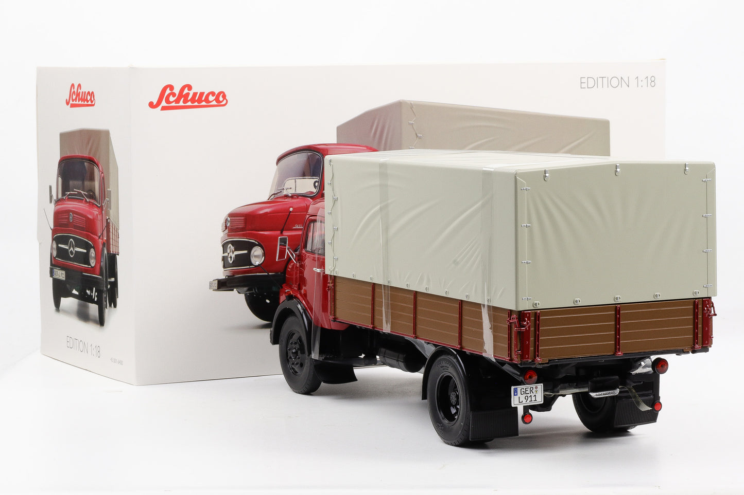 1:18 Schuco Mercedes Benz L911 Pritsche / Plane LKW rubin red 1966 diecast