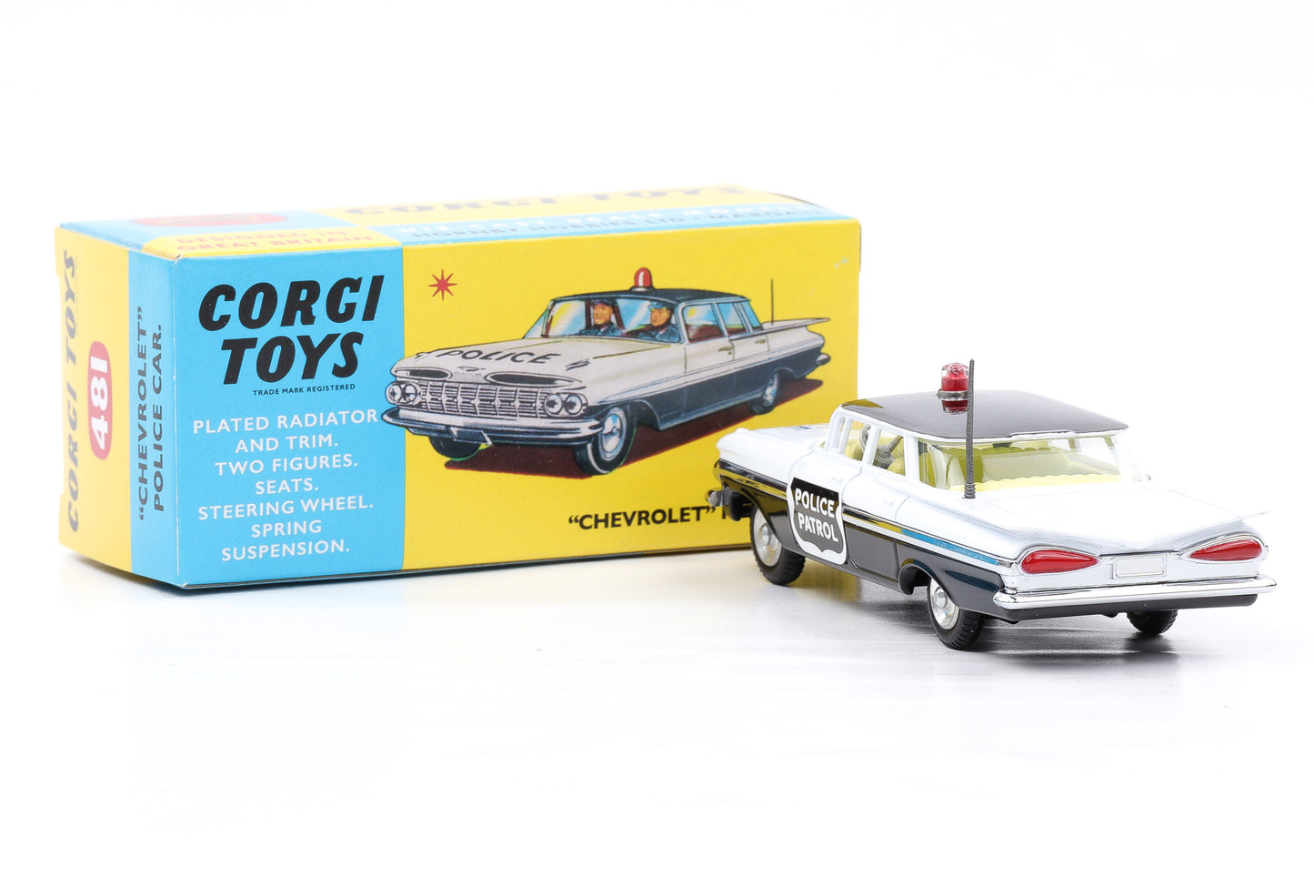 Corgi Toys Chevrolet Impala Police Car Patrol schwarz weiss Insassen 481 1:50 Repro