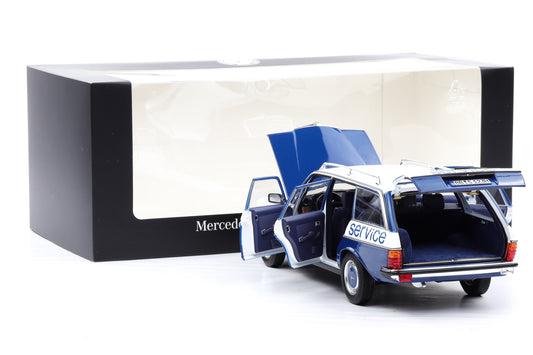 1:18 Norev Mercedes-Benz 200 W123 Servicewagen opening Dealer mit Vitrine