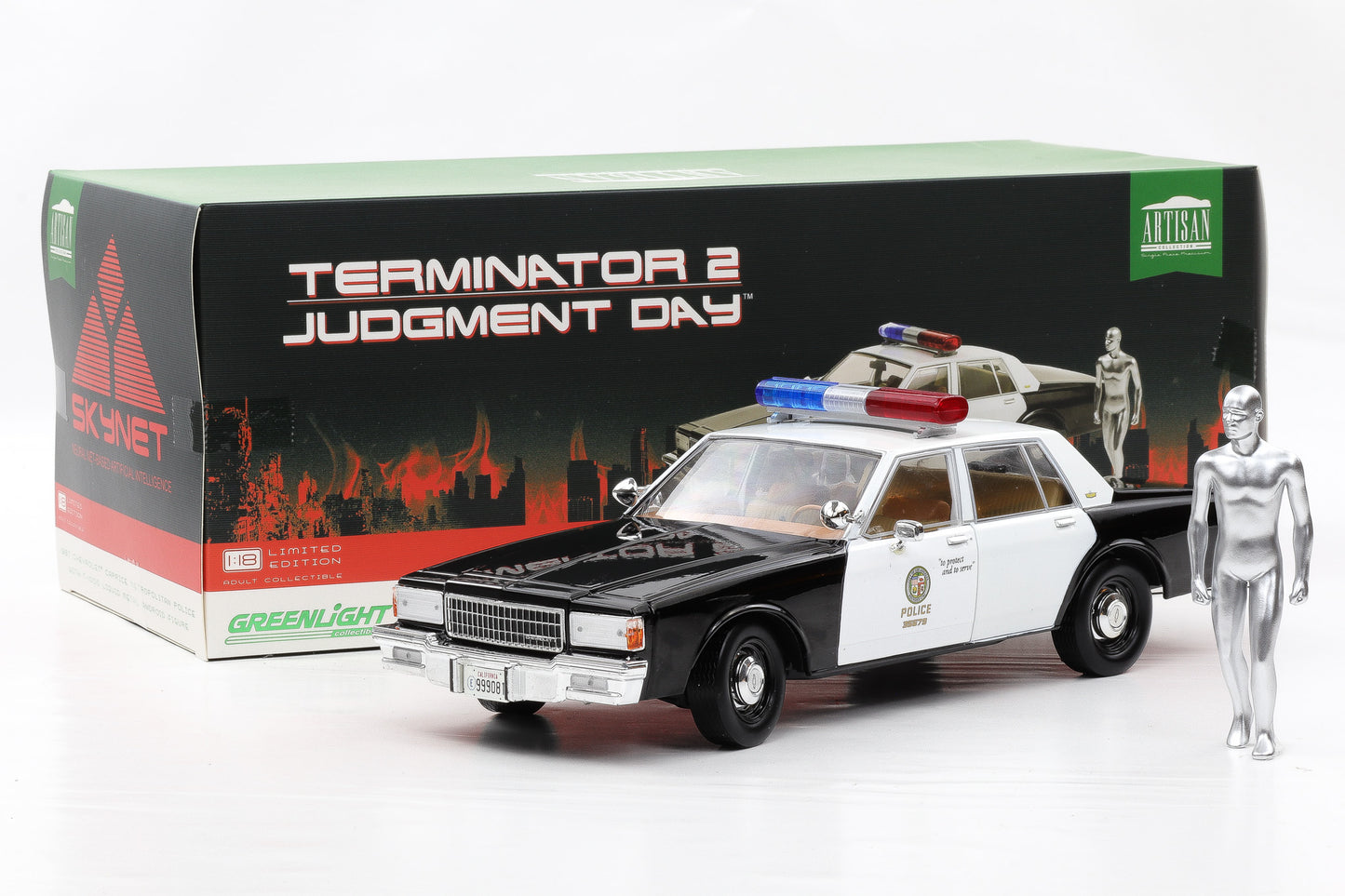 1:18 Greenlight Chevrolet Caprice Police 1987 Terminator 2 mit T-1000 Figur Moviecar