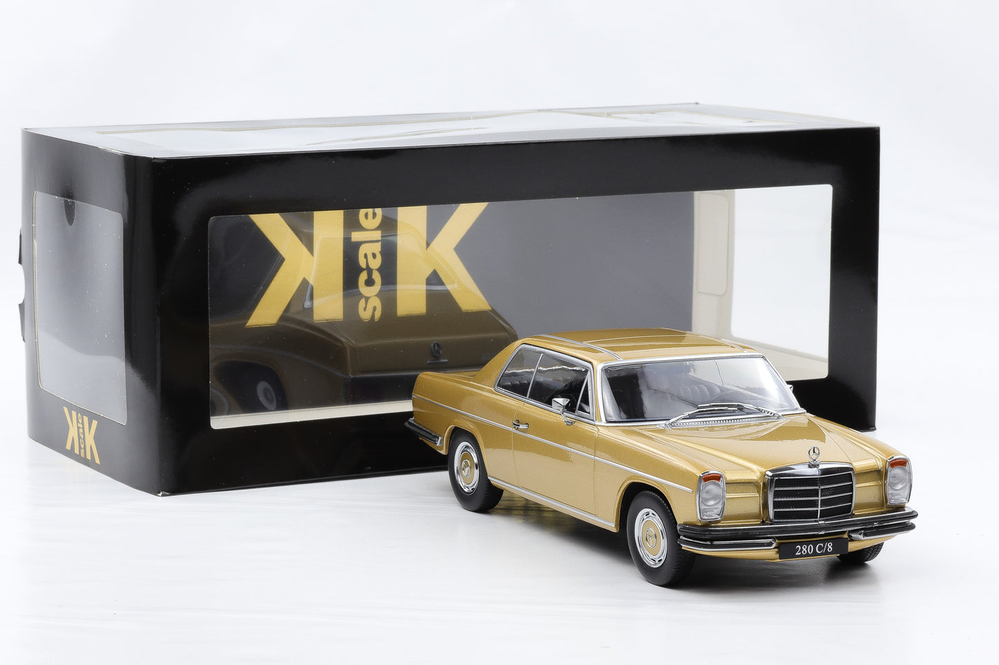 1:18 Mercedes-Benz 280C/8 Coupe W114 1969 metallic gold KK-Scale mit Vitrine