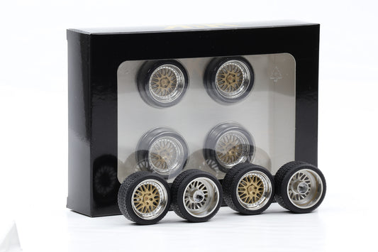 1:18 4 Felgen Set Porsche BBS polished silber gold 36 mm mit Reifen KK-Scale