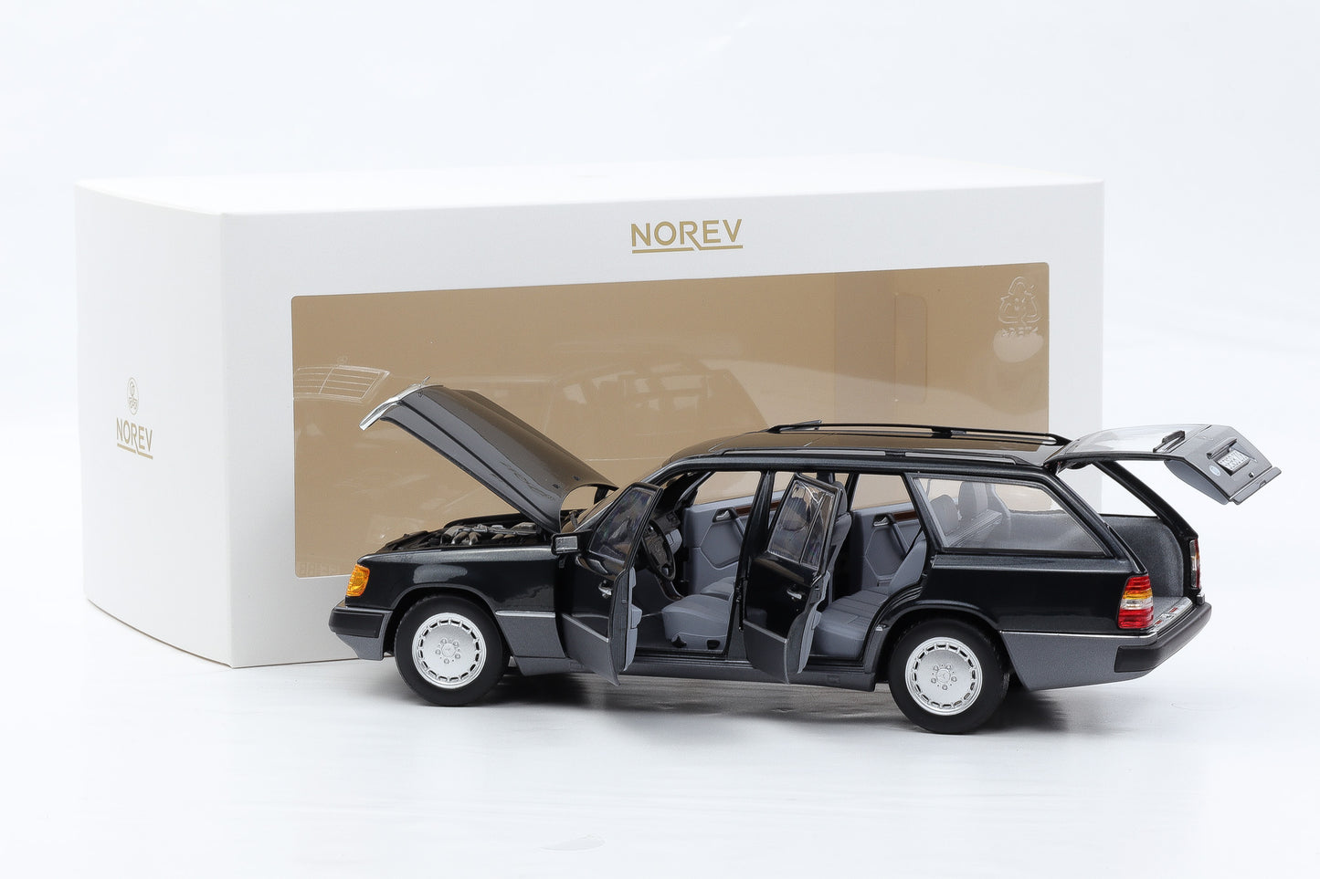 1:18 Norev Mercedes-Benz 300 D T-Modell Kombi S 124 blauschwarz 1990 + Vitrine
