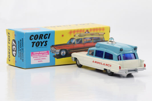 1:54 Corgi Toys Cadillac Chassis Superior Krankenwagen blau-weiß Nr. 437 Repro