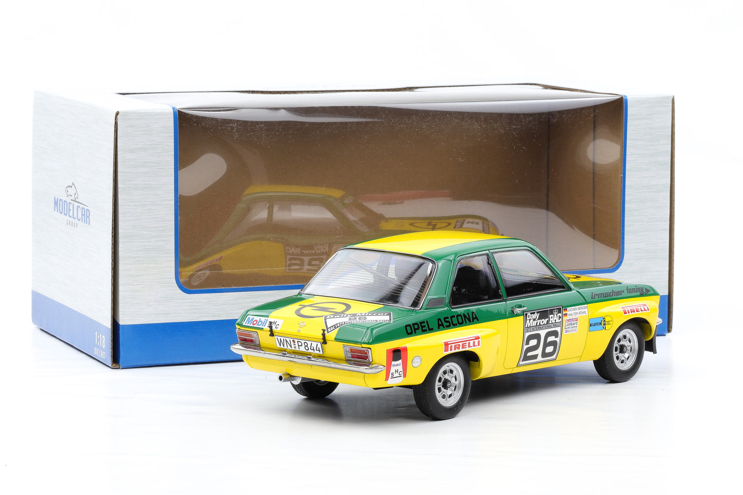 1:18 Opel Ascona 1.9 SR #26 Lombard RAC 1973 Röhrl Berger MCG + Vitrine