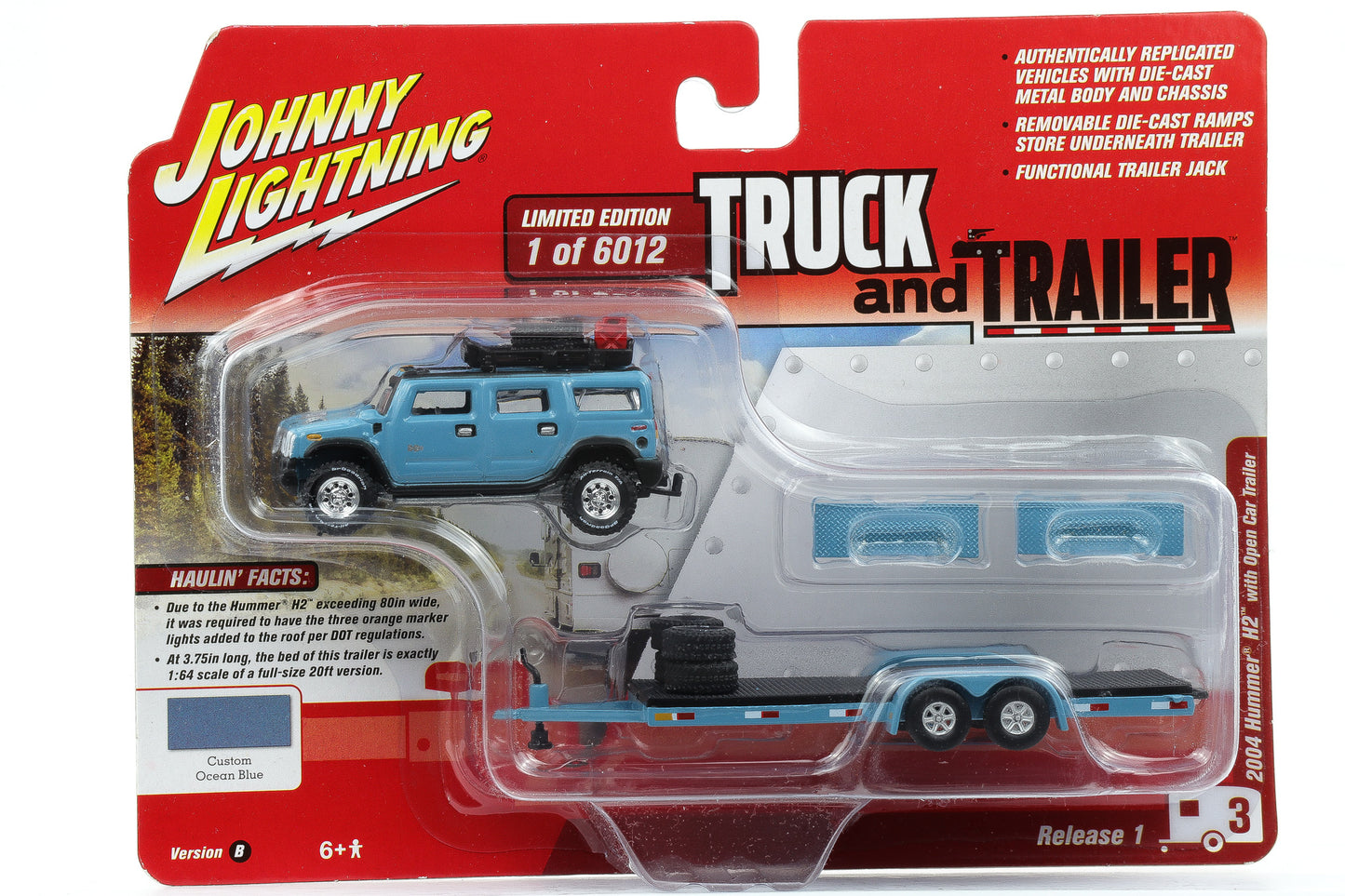 1:64 Johnny Lightning Hummer H2 with Open Trailer 2004 ocean blue