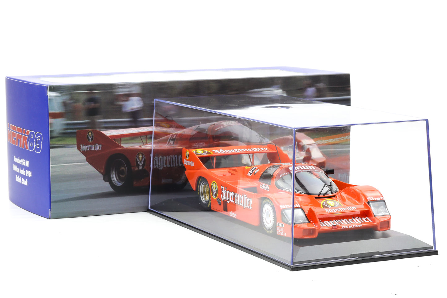1:18 Werk83 956K Jägermeister #19 1000km Imola 1984 Stuck Bellof + Vitrine