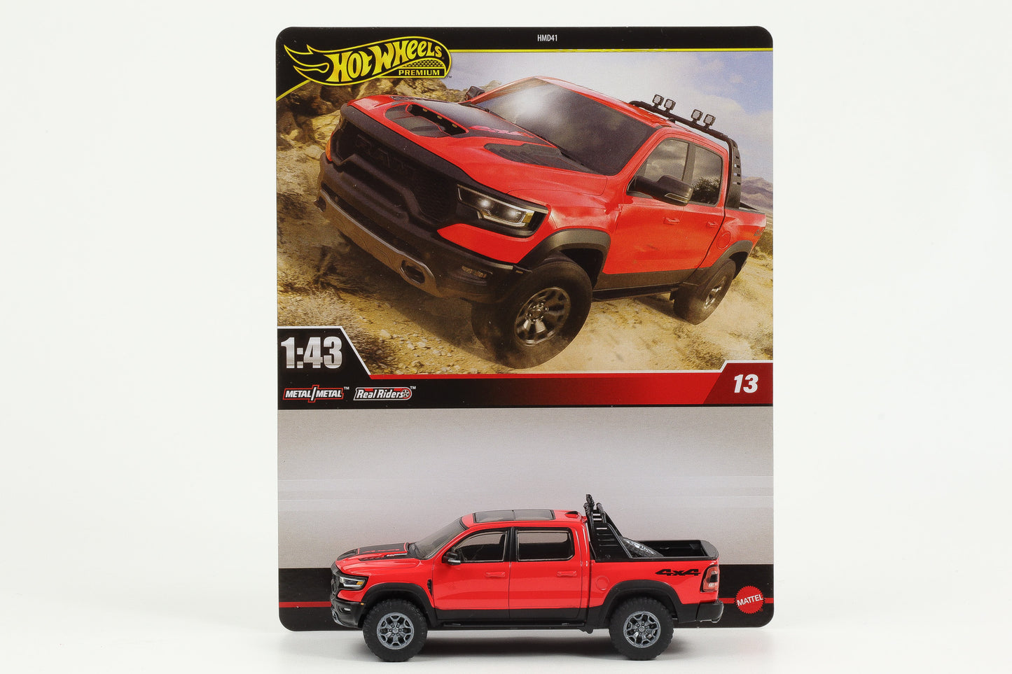 1:43 Hot Wheels Premium 2024 Real Riders Ram 4x4 Pickup red black