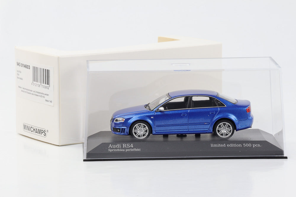 1:43 Audi A4 B7 RS4 Saloon 2004 sprint blue pearl effect Minichamps limited