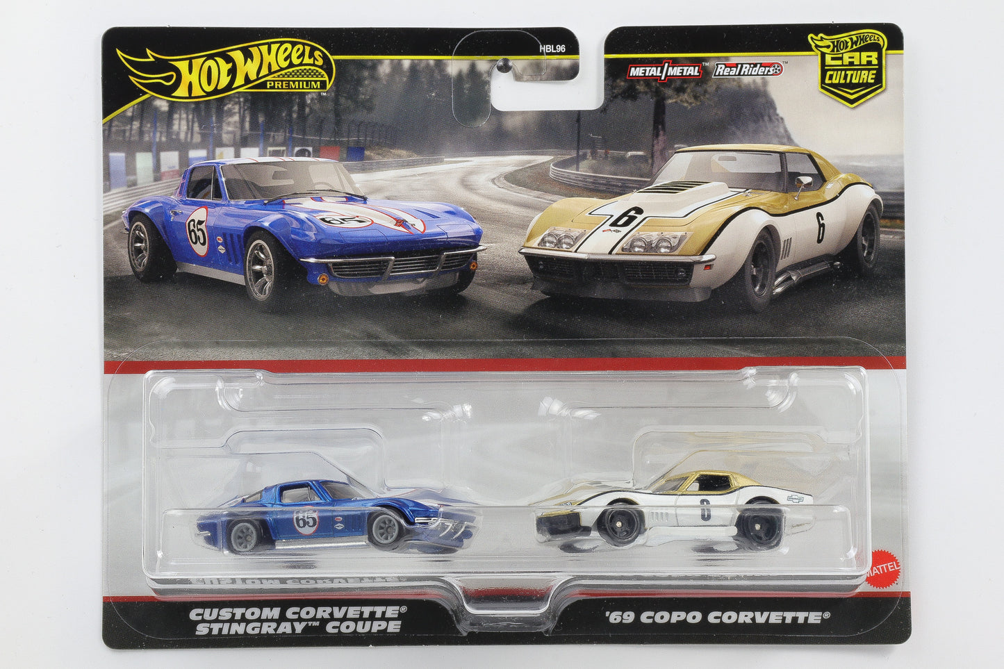 1:64 Hot Wheels Premium Corvette Custom Stingray Coupe + '69 Copo metallicblau + weiß-goldCar Culture