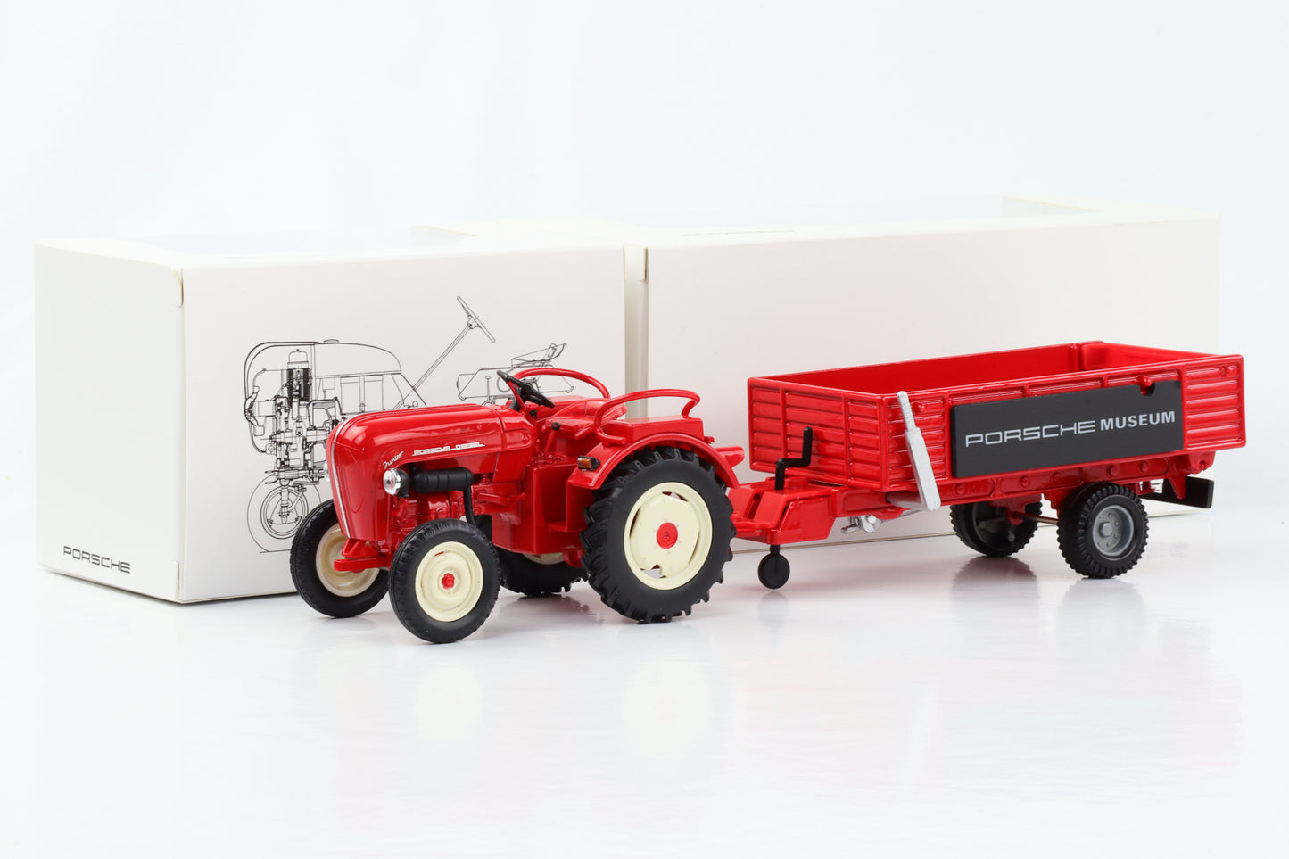 1:24 Porsche Diesel Schlepper Junior Traktor mit Anhänger indischrot