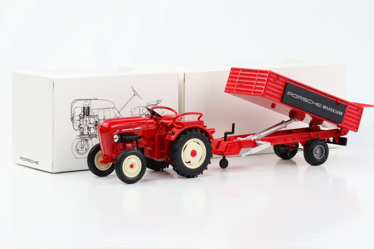 1:24 Porsche Diesel Schlepper Junior Traktor mit Anhänger indischrot