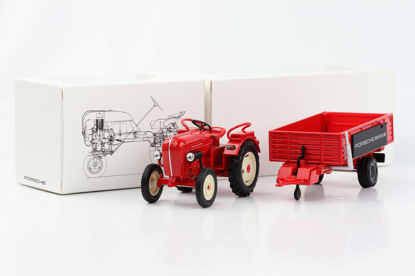 1:24 Porsche Diesel Schlepper Junior Traktor mit Anhänger indischrot