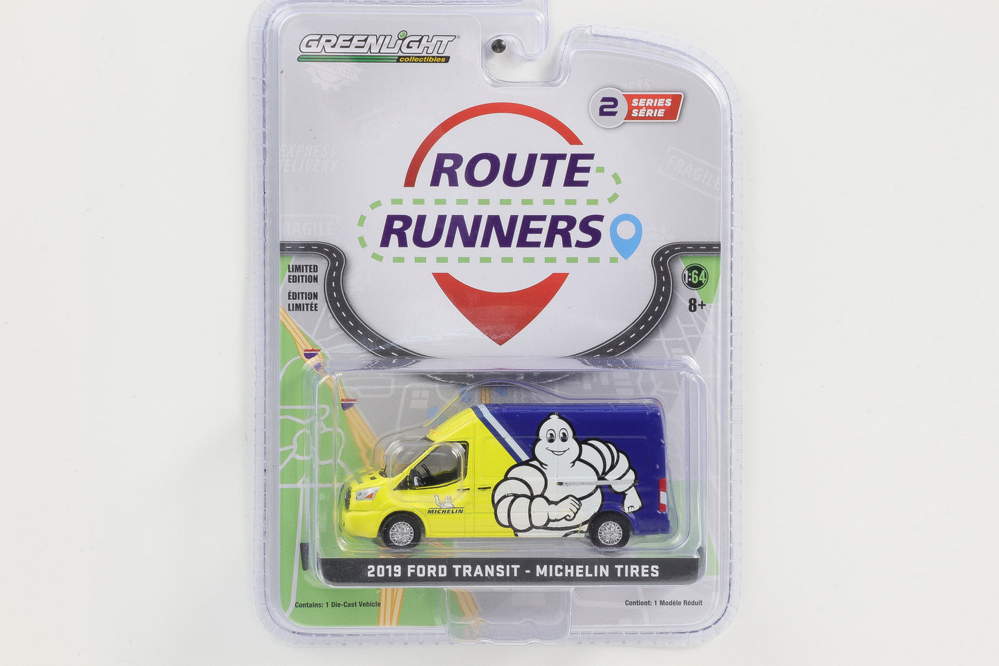 1:64 Greenlight 2019 Ford Transit Michelin Tires Route Runners