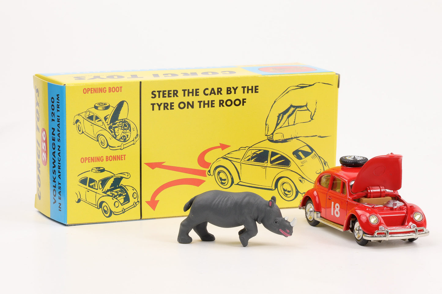 1:44 Corgi Toys Volkswagen VW Käfer Ostafrika-Safari rot + Zubehör - Nr. 256 Repro