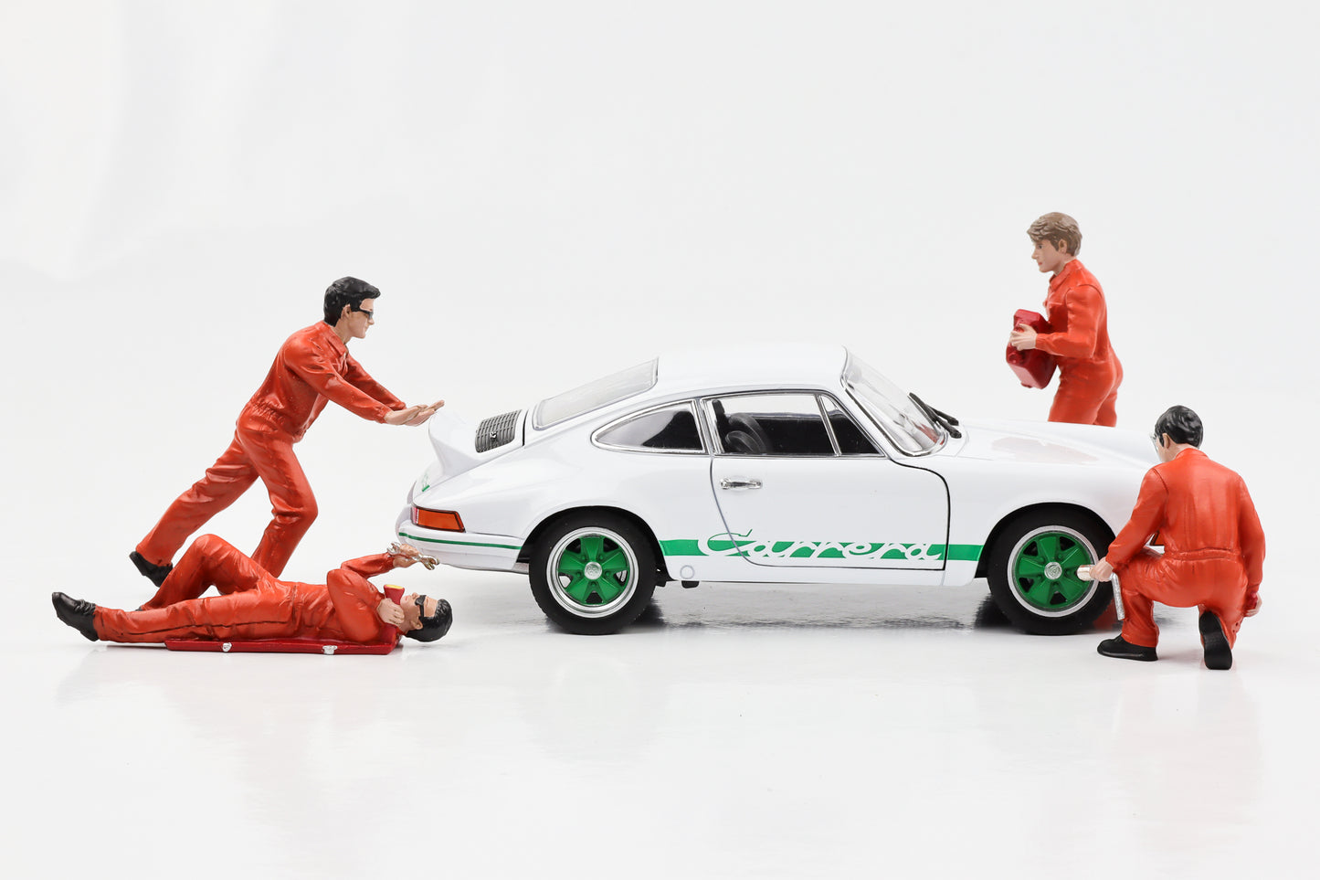1:24 Figur 24H Le Mans Racing Mechaniker Set 4 Figuren orange American Diorama