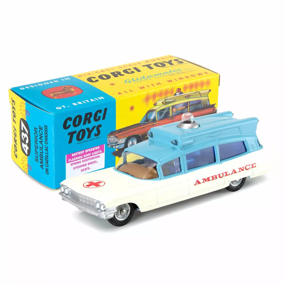 1:54 Corgi Toys Cadillac Chassis Superior Krankenwagen blau-weiß Nr. 437 Repro
