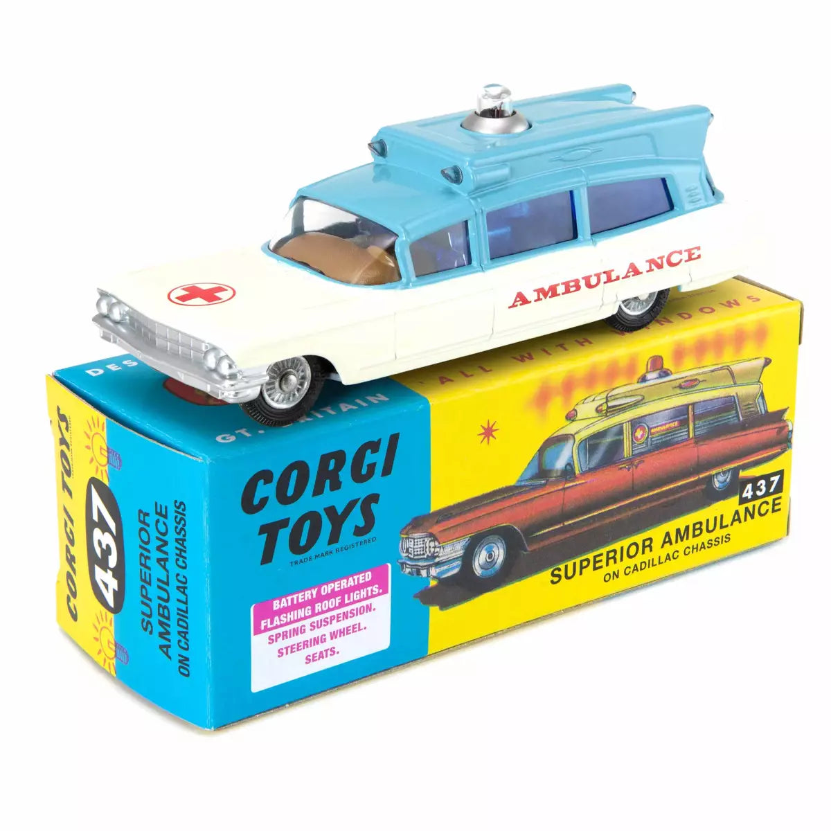 1:54 Corgi Toys Cadillac Chassis Superior Krankenwagen blau-weiß Nr. 437 Repro