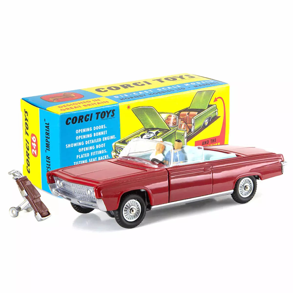 1:52 Corgi Toys Chrysler Imperial Cabrio mit Insassen und Zubehör rot Nr. 246 Repro
