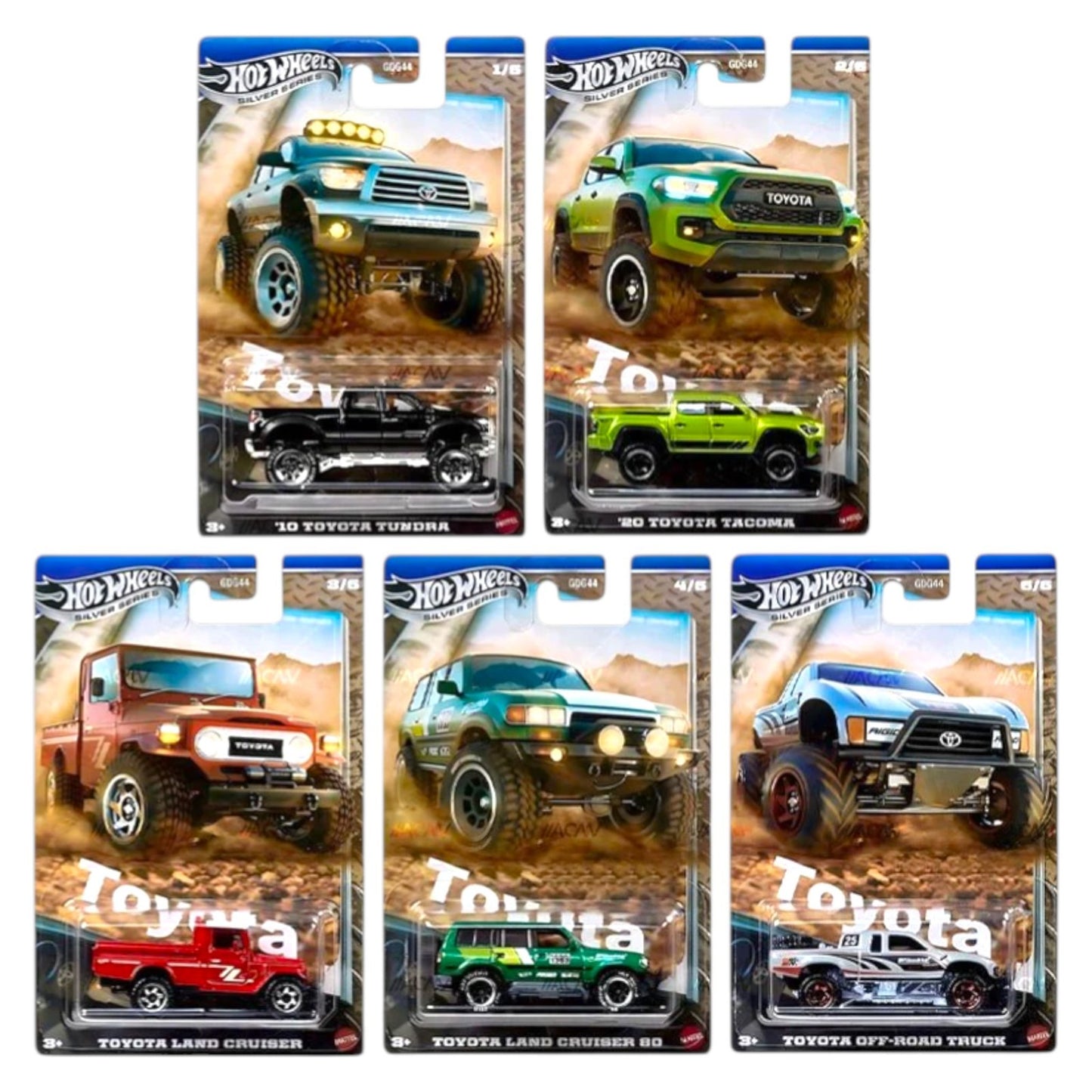 1:64 Hot Wheels Silver Series Toyota Trucks Set Landcruiser 80 Tundra Takoma