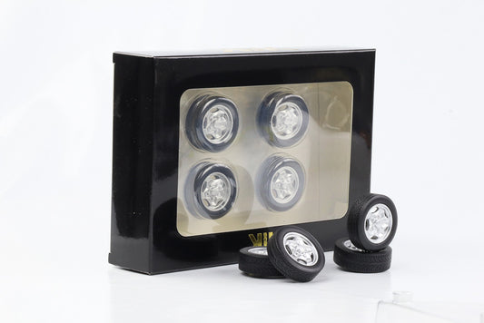 1:18 4 Felgen Set Porsche Hackmesser silber 35mm mit Reifen KK-Scale