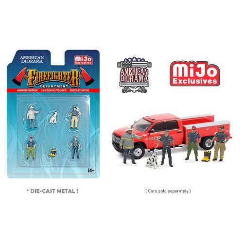 1:64 Figur Firefighter Feuerwehr Mann 4 Set Figuren mit Hund American Diorama Mijo