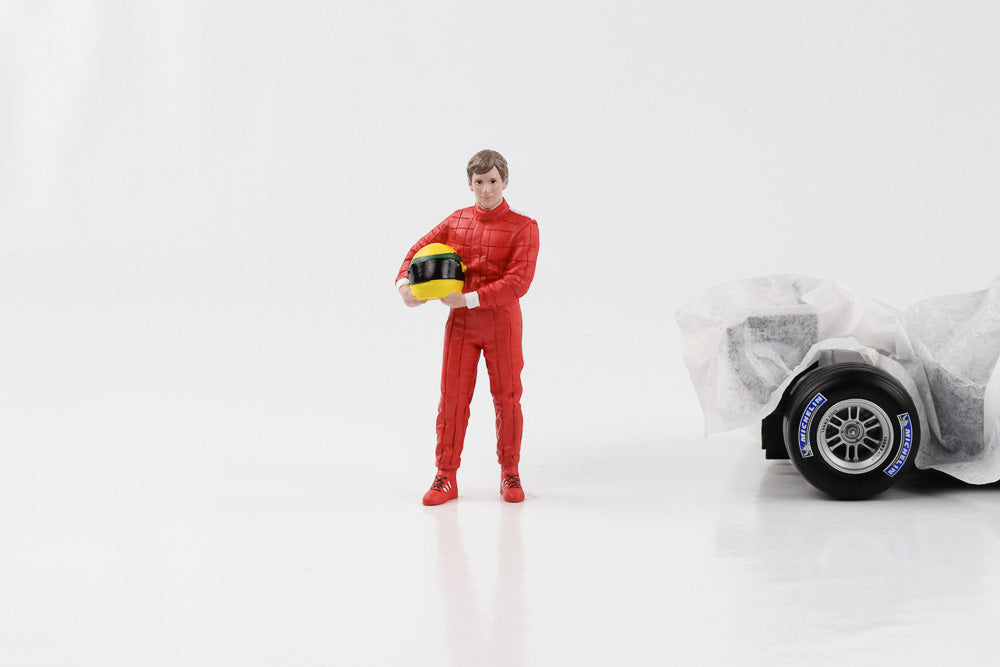 1:18 F1 Figur Racing Legend 80s Fahrer A roter Anzug gelber Helm American Diorama