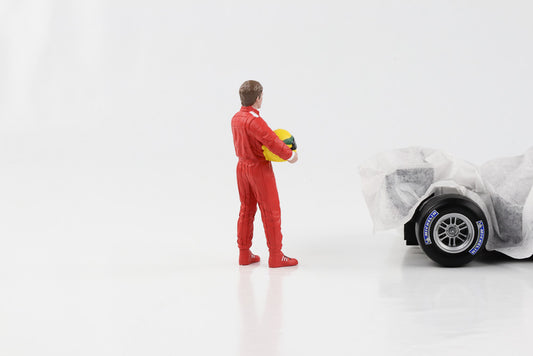 1:18 F1 Figur Racing Legend 80s Fahrer A roter Anzug gelber Helm American Diorama