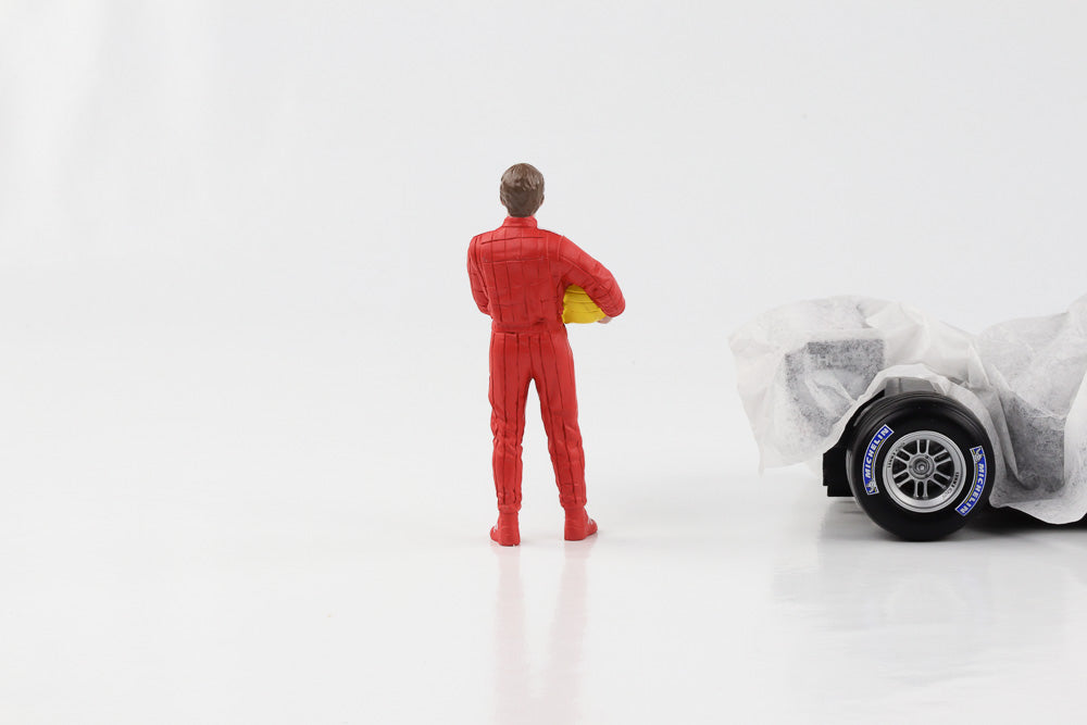 1:18 F1 Figur Racing Legend 80s Fahrer A roter Anzug gelber Helm American Diorama