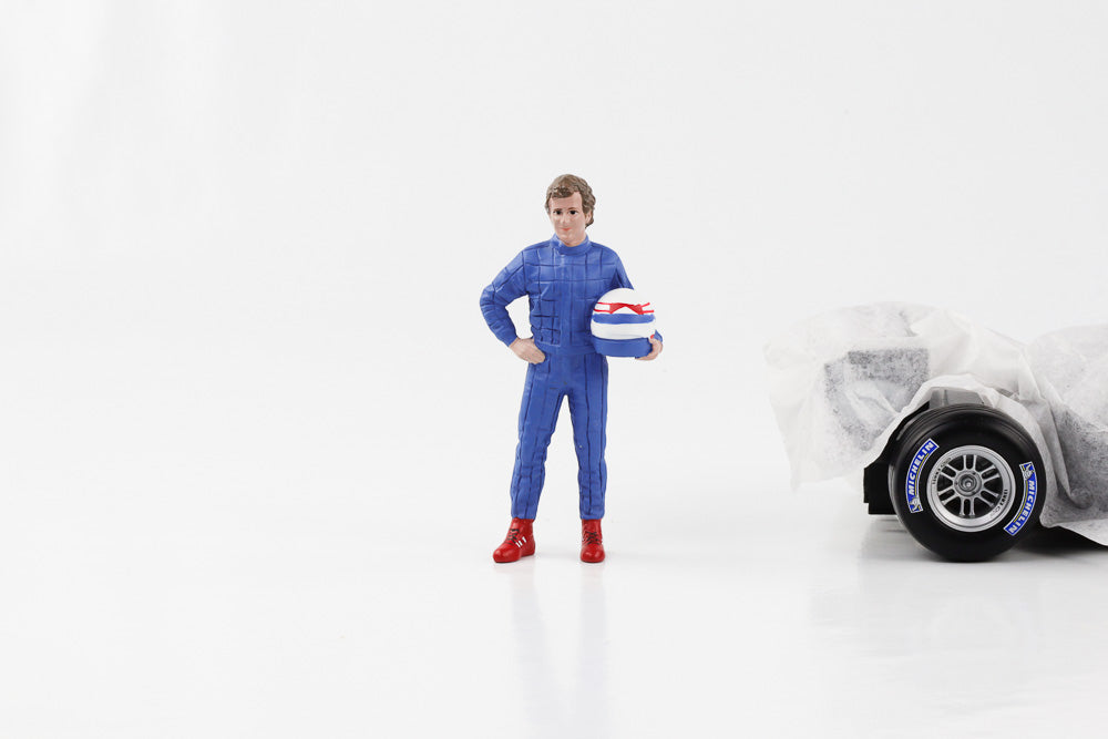 1:18 Figur F1 Racing Legend 80s Fahrer B blauer Anzug weißer Helm American Diorama